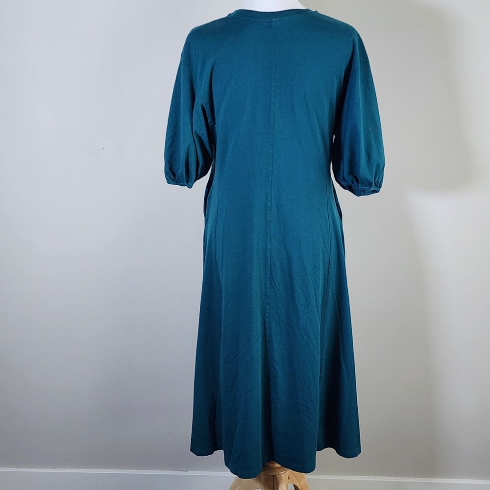 Uniqlo Puff Sleeve Midi Dress Womens Large Teal Cotton Knit Pockets Minimalist - Picture 6 of 13